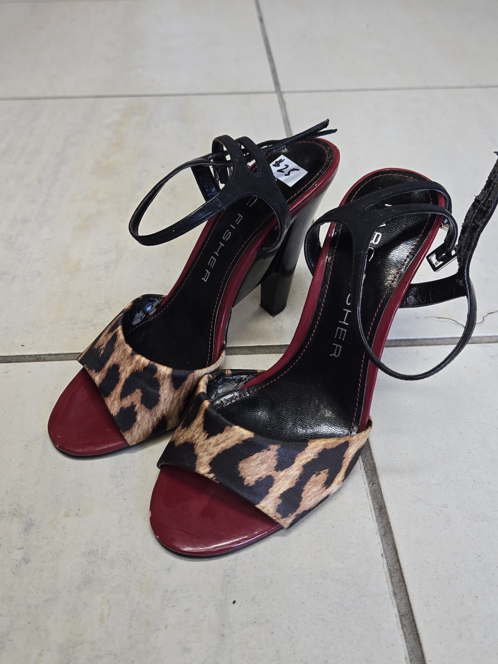 Marc Fisher Leopard Print and Burgundy Open-Toe Heels